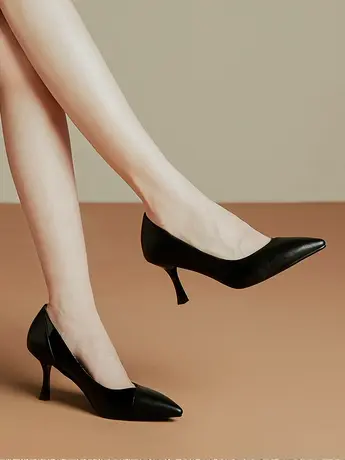 小尖头浅口细跟高跟鞋女2023新款职场单鞋里外全真皮纯色简约百搭图片