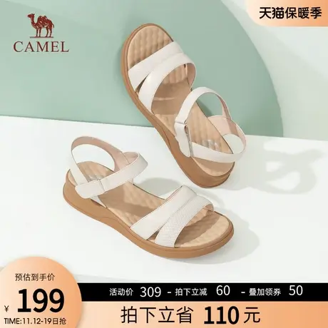 骆驼女鞋2023夏季新款休闲百搭平底凉鞋女软底一字带妈妈凉鞋女图片