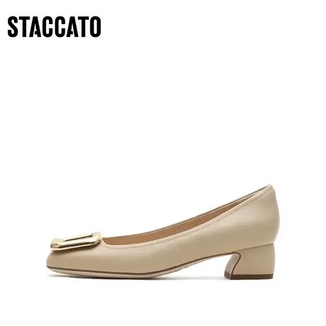 思加图新款奶油鞋法式方头粗跟单鞋中跟鞋女皮鞋EE104CQ2商品大图