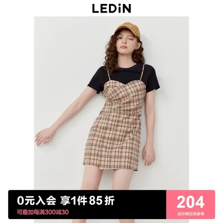 乐町芝芝格纹连衣裙2023年春夏假两件T恤裙新款拼接设计抽褶裙子商品大图
