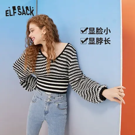 【新款】妖精的口袋灯笼袖黑白条纹短款针织衫毛衣女2023秋季上衣商品大图