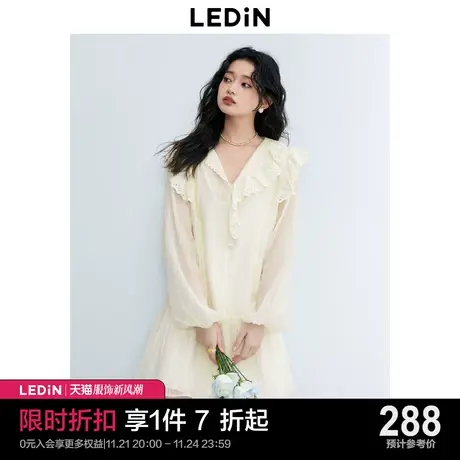乐町甜美减龄娃娃裙2023年夏季新款V领蕾丝连衣裙气质长袖连衣裙商品大图