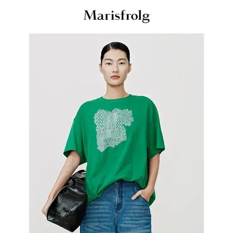 【意大利进口面料】玛丝菲尔上衣秋季新款绿色立体提花短袖T恤女商品大图