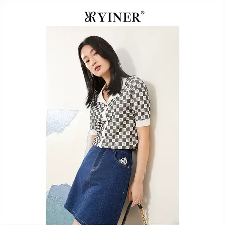 YINER音儿女装2022夏新款撞色字母棋盘格针织开衫商品大图