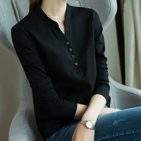 雀后黑色T恤女长袖打底衫内搭七分袖2025春季新款洋气针织v领上衣商品大图