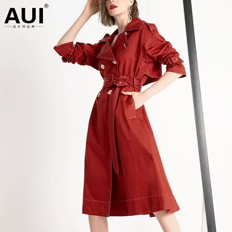 aui欧洲站设计感红色风衣女中长款2023秋冬新款女装气质大衣外套商品大图