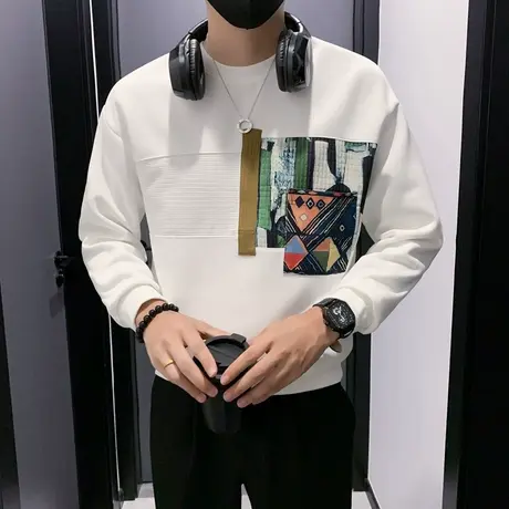 2023新款春秋季痞帅套头上衣外套男个性印花拼接休闲卫衣圆领T恤商品大图