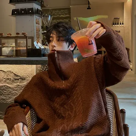 半拉链毛衣男春秋oversize复古线衣慵懒风日系宽松麻花针织衫潮牌商品大图