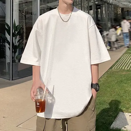 华夫格纯色短袖T恤男夏季薄款透气ins潮牌港风休闲打底衫圆领体恤商品大图