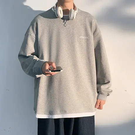 假两件长袖t恤男春秋季新款港风宽松休闲叠穿打底衫男士圆领卫衣商品大图
