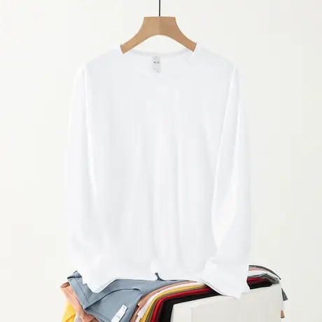莫代尔长袖t恤男装2024新款秋季小衫纯色白色打底衫圆领内搭秋衣商品大图