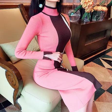 VJE秋装新款名媛风气质显瘦修身包臀一步裙连衣裙撞色针织衫女商品大图