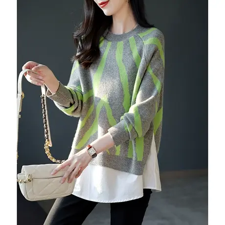 宝诗黎早秋新款假两件羊毛拼接针织衫设计感撞色百搭套头长袖上衣商品大图