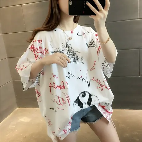 春夏新款网红宽松慵懒风中袖t恤女ins超火的卡通涂鸦五分袖上衣潮图片