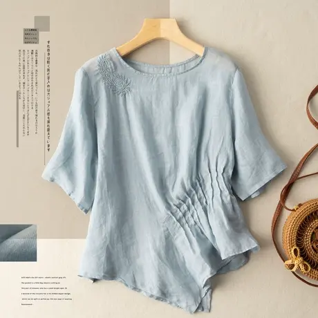 刺绣亚麻上衣文艺复古日系棉麻T恤2024春夏新款宽松气质减龄小衫图片
