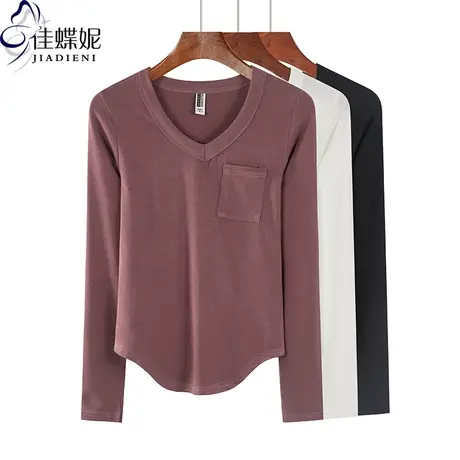 春季新款韩版V领下摆圆弧纯棉修身纯色长袖上衣内搭女打底衫T恤图片