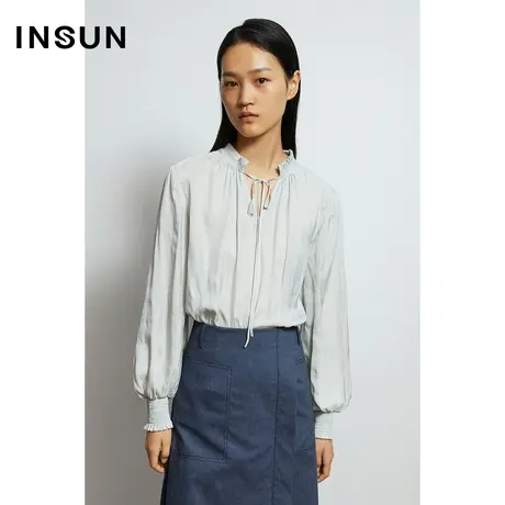 恩裳秋季木耳边绑带长袖衬衫图片