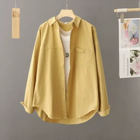外搭纯色衬衫女春秋宽松中长款2024新款韩版港味休闲叠穿衬衣外套商品大图