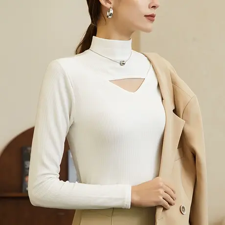 打底衫女春秋款上衣内搭新款修身显瘦洋气半高领双面磨毛中领T恤图片