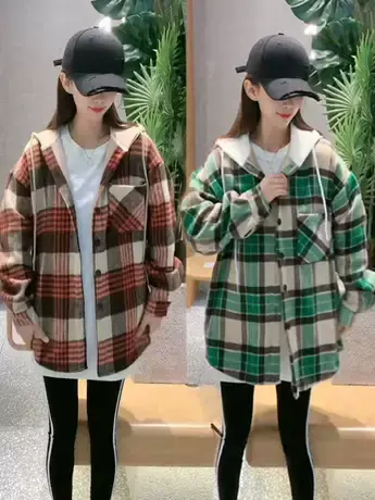 加绒加厚欧洲站2023连帽格子衬衫秋冬新款宽松保暖设计感宽松外套商品大图