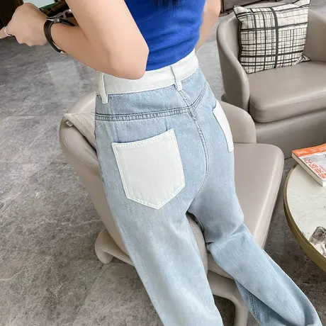 拼接牛仔裤女高腰显瘦垂感宽松直筒浅色休闲阔腿裤子潮ins拖地裤商品大图