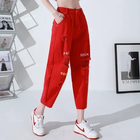 红色破洞牛仔裤女夏季薄款灯笼裤七分八分老爹裤九分萝卜裤哈伦裤商品大图