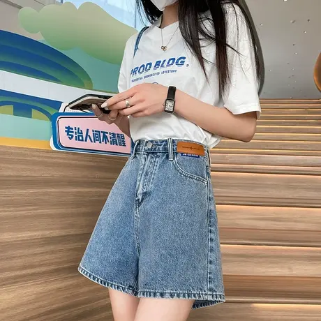蓝色牛仔短裤女2024年夏季新款高腰a字宽松显瘦百搭遮肉阔腿热裤商品大图