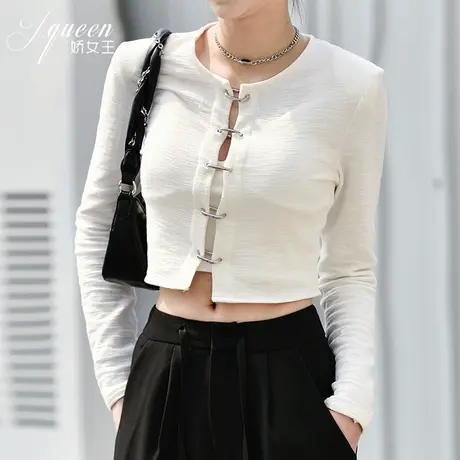 长袖t恤女秋季新款时尚辣妹设计感金属扣露腰显瘦短款白色上衣潮商品大图