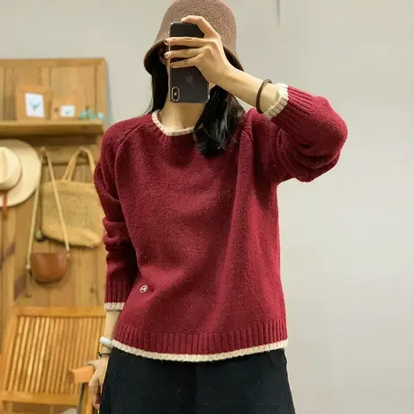 dza 复古宽松羊绒毛衣女士冬季内搭假两件针织上衣宽松羊毛打底衫图片