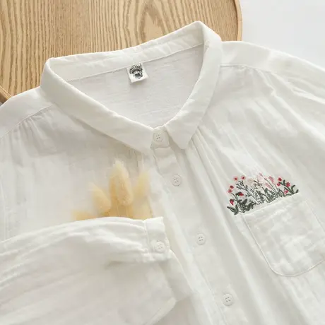 春秋装日系文艺宽松双层棉纱柔软刺绣长袖衬衫女学生百搭打底上衣商品大图