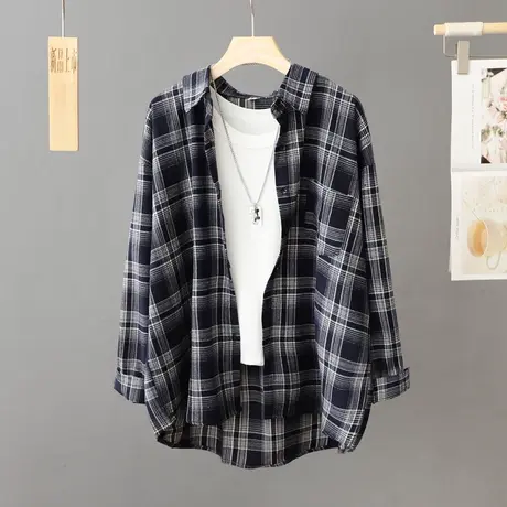 简约百搭外套格子衬衫女长袖秋季2024年新款磨毛棉外搭衬衣厚开衫图片