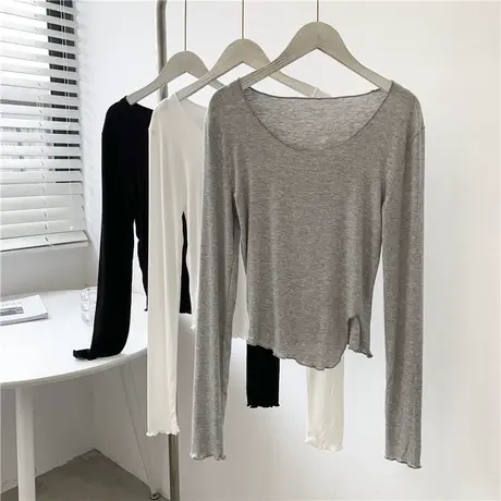 木耳边坑条露锁骨T恤女不规则开叉木代尔棉修身长袖圆领超薄上衣商品大图