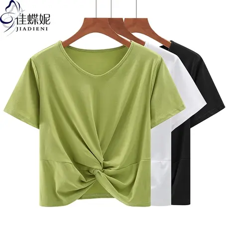 夏季新款韩版圆领宽松纯棉短款纯欲打结短袖体恤上衣内搭女打底衫商品大图