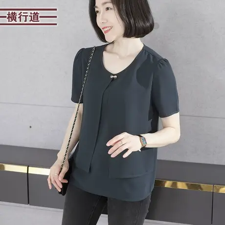 圆领金属扣假开衫短袖雪纺衫2024夏季新款女上衣服外穿大码妈妈装图片