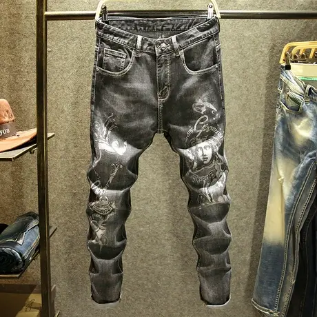 高端烫印复古牛仔裤男夏季薄款弹力修身小脚裤韩版ins潮流休闲裤商品大图