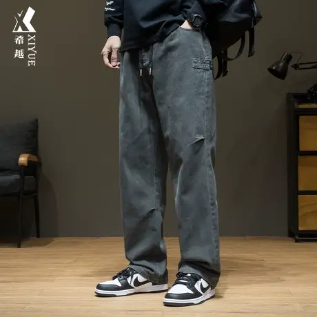 希越简约休闲裤子男2024春秋直筒工装裤宽松大码灰绿色纯棉长裤男图片
