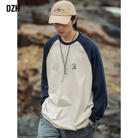 男生拼接t恤男长袖纯棉潮牌宽松男装2023新款圆领上衣百搭春秋款商品大图