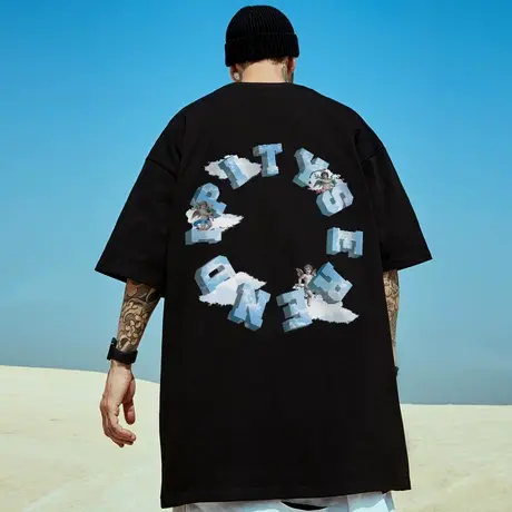 国潮胖子ins短袖t恤男士潮流宽松加肥加大港风潮牌半截袖大码男装图片