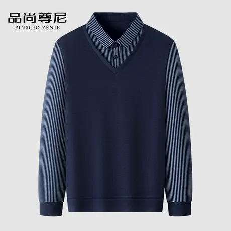 【舒适亲肤】爸爸秋装上衣背心款假两件条纹休闲中老年长袖T恤男商品大图