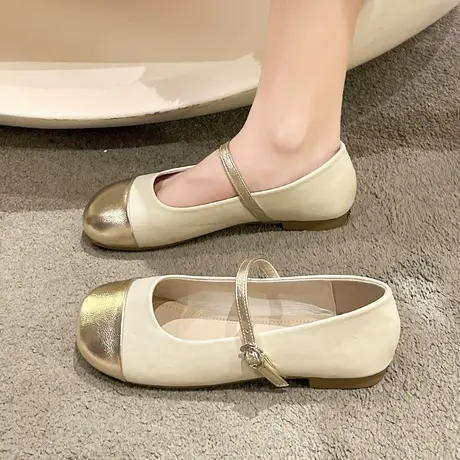 小香风拼色玛丽珍鞋女2023年春季新款复古文艺圆头浅口单鞋女平底商品大图