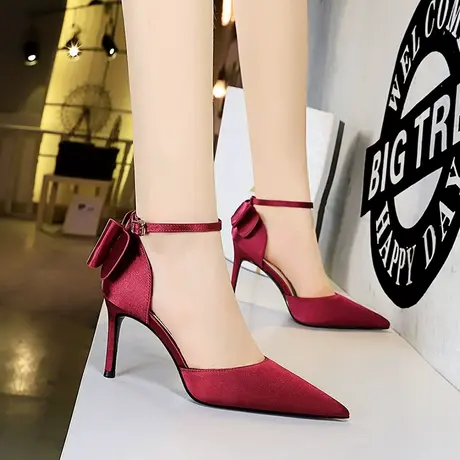 酒红色高跟鞋女细跟2024年春夏新款性感一字带蝴蝶结百搭中空单鞋商品大图