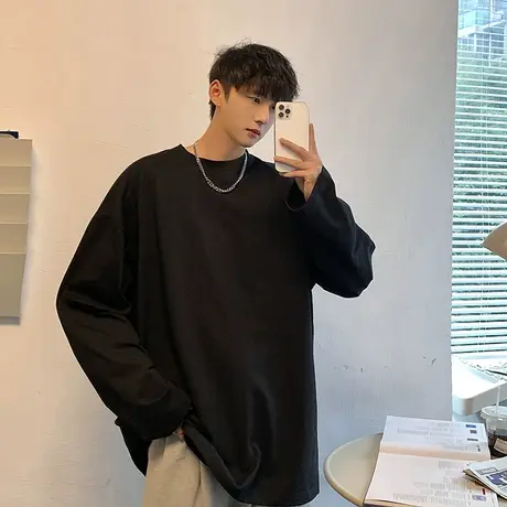 纯色t恤男纯棉夏季薄款潮牌宽松oversize长袖卫衣重磅内搭打底衫商品大图