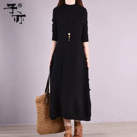 冬装新款复古盘扣装饰螺纹口袋中长款针织打底毛衣连衣裙图片