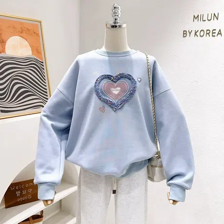 ins奶油蓝色卫衣~秋冬款软糯奶FUFU的爱心加绒上衣微胖遮肉大码商品大图