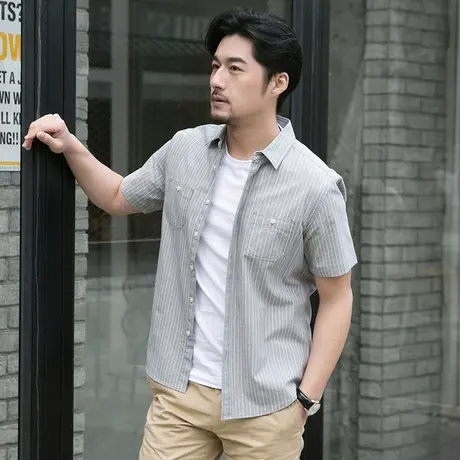 格慕施夏季男士短袖衬衫条纹帅气潮流男寸衫薄款大码休闲衬衣男装图片