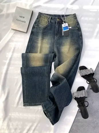 美式复古烫钻牛仔直筒裤2023冬季新款显瘦百搭高腰宽松阔腿拖地裤商品大图