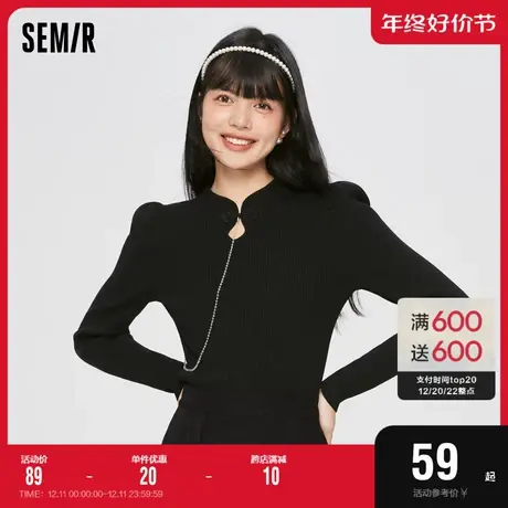 森马针织衫女盘扣泡泡袖修身百搭2022冬季新款甜美个性套头衫国潮图片