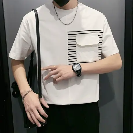 2023夏季男t恤工装上衣短袖半袖潮流休闲拼接条纹口袋半截袖体恤商品大图