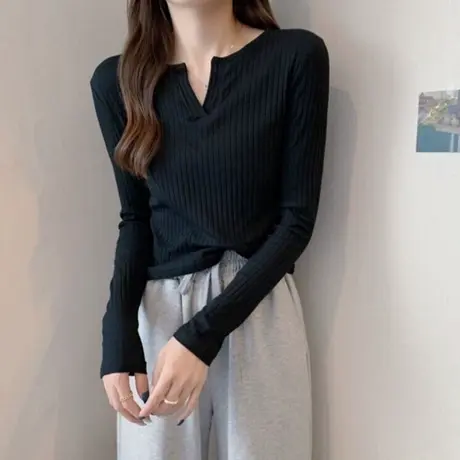 春秋长袖T恤女韩版修身显瘦洋气减龄ins潮螺纹外搭短款上衣设计感图片