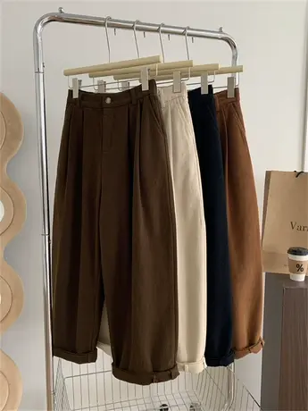 美拉德山本风加厚休闲工装裤女冬宽松高腰直筒阔腿哈伦裤薄绒保暖商品大图